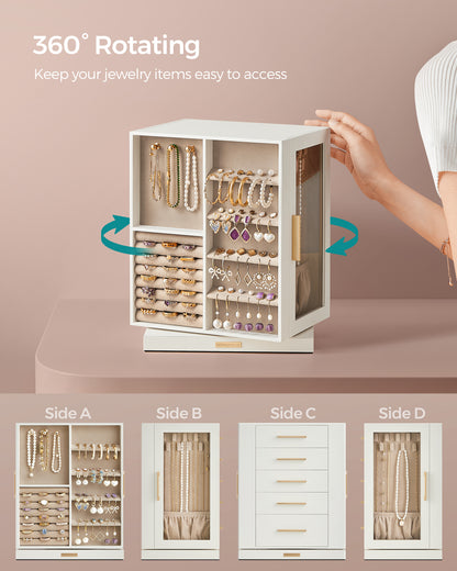 LEDREM Rotating Jewelry Box, Jewelry Organizer, 5-Drawer Jewelry Storage Case with Glass Window, Vertical Design, Open and Spacious, White
