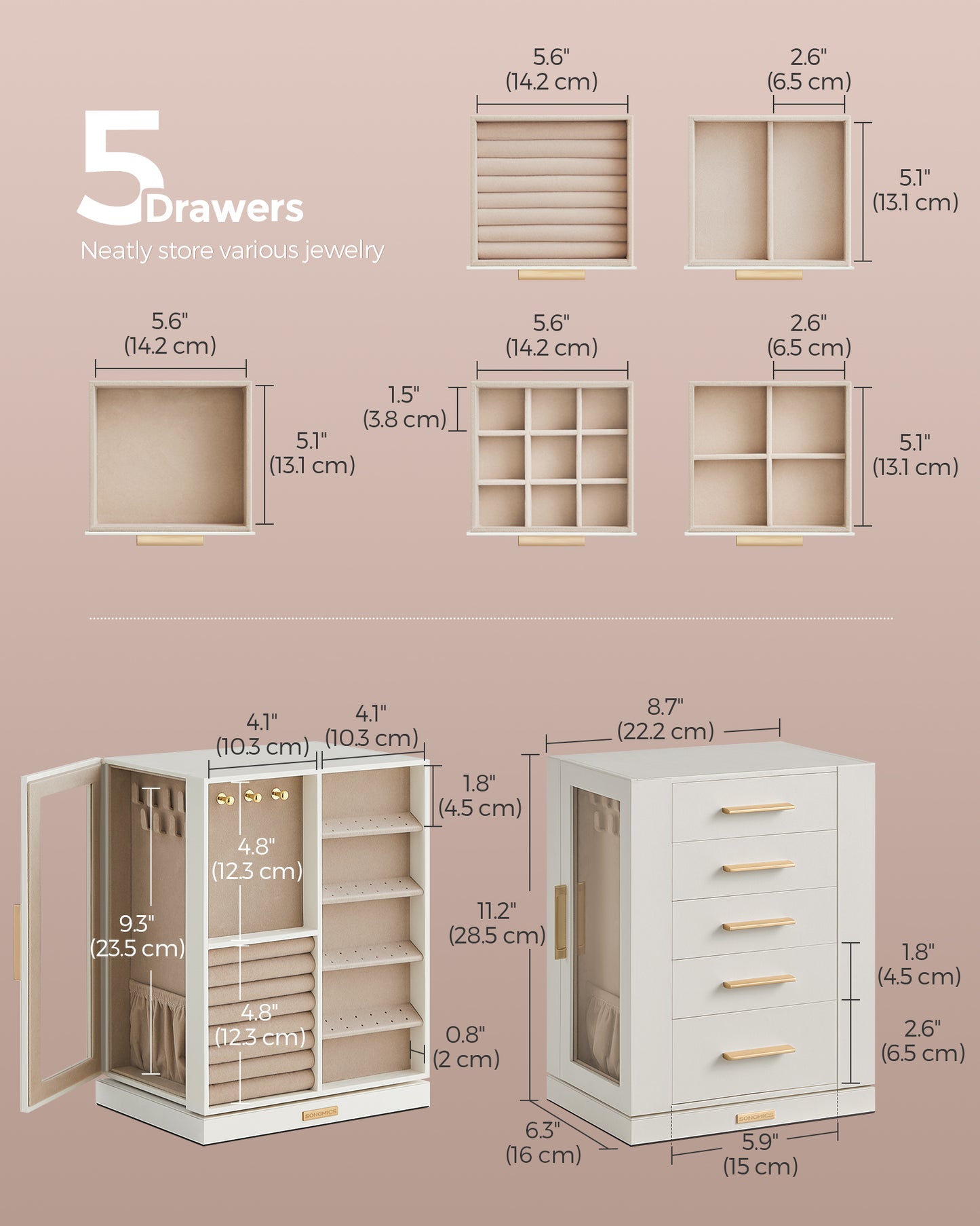 LEDREM Rotating Jewelry Box, Jewelry Organizer, 5-Drawer Jewelry Storage Case with Glass Window, Vertical Design, Open and Spacious, White