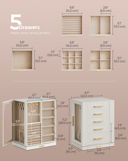 LEDREM Rotating Jewelry Box, Jewelry Organizer, 5-Drawer Jewelry Storage Case with Glass Window, Vertical Design, Open and Spacious, White