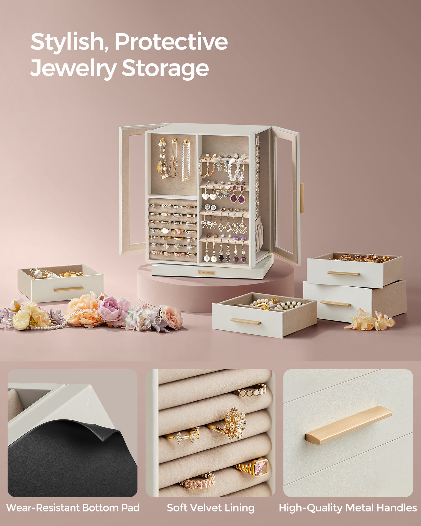 LEDREM Rotating Jewelry Box, Jewelry Organizer, 5-Drawer Jewelry Storage Case with Glass Window, Vertical Design, Open and Spacious, White