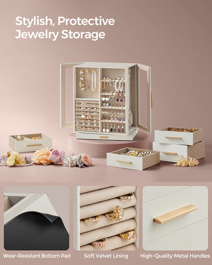 LEDREM Rotating Jewelry Box, Jewelry Organizer, 5-Drawer Jewelry Storage Case with Glass Window, Vertical Design, Open and Spacious, White