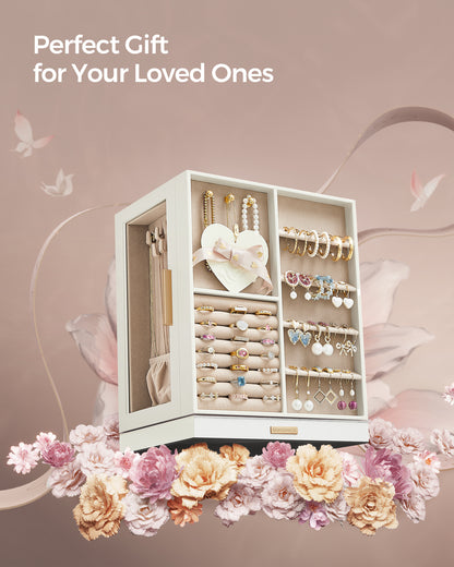 LEDREM Rotating Jewelry Box, Jewelry Organizer, 5-Drawer Jewelry Storage Case with Glass Window, Vertical Design, Open and Spacious, White