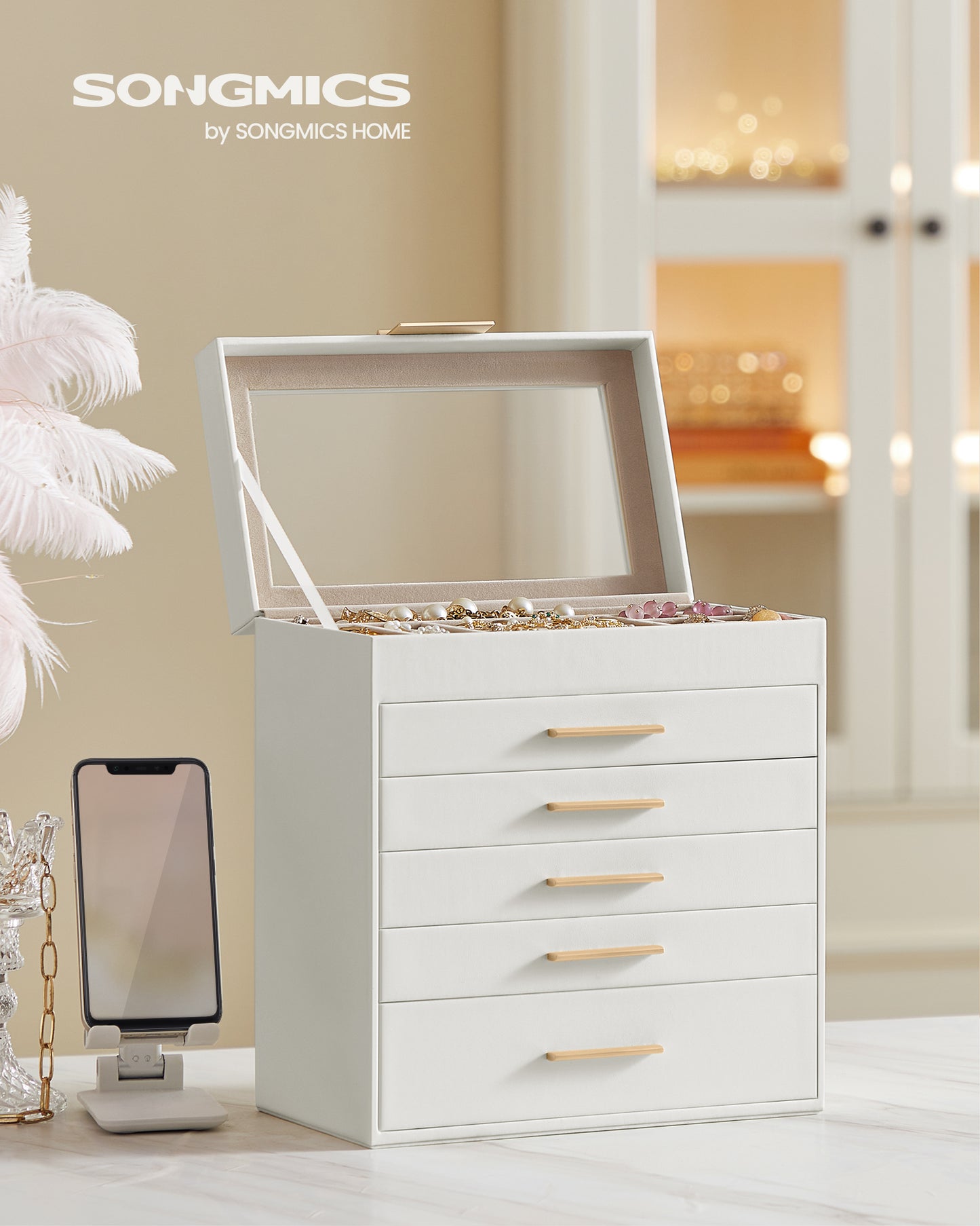 LEDREM Jewelry Box, 6-Layer Organizer with 5 Drawers for Jewelry Storage Sunglasses, Big Jewelry, Modern Style, White