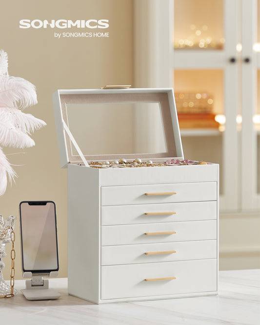 LEDREM Jewelry Box, 6-Layer Organizer with 5 Drawers for Jewelry Storage Sunglasses, Big Jewelry, Modern Style, White