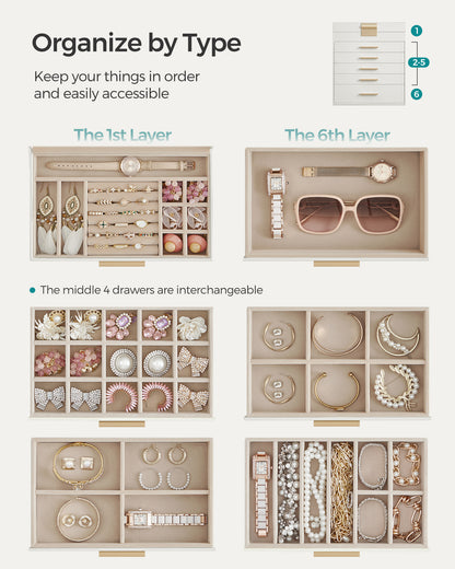 LEDREM Jewelry Box, 6-Layer Organizer with 5 Drawers for Jewelry Storage Sunglasses, Big Jewelry, Modern Style, White
