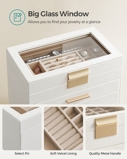 LEDREM Jewelry Box, 6-Layer Organizer with 5 Drawers for Jewelry Storage Sunglasses, Big Jewelry, Modern Style, White