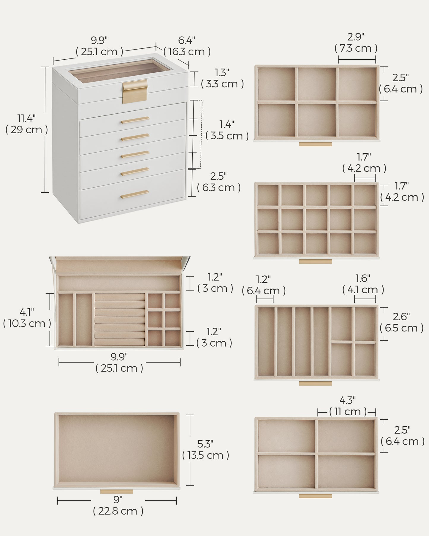 LEDREM Jewelry Box, 6-Layer Organizer with 5 Drawers for Jewelry Storage Sunglasses, Big Jewelry, Modern Style, White