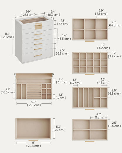 LEDREM Jewelry Box, 6-Layer Organizer with 5 Drawers for Jewelry Storage Sunglasses, Big Jewelry, Modern Style, White