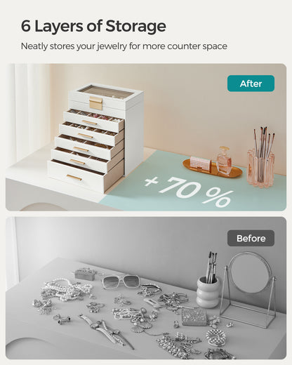 LEDREM Jewelry Box, 6-Layer Organizer with 5 Drawers for Jewelry Storage Sunglasses, Big Jewelry, Modern Style, White