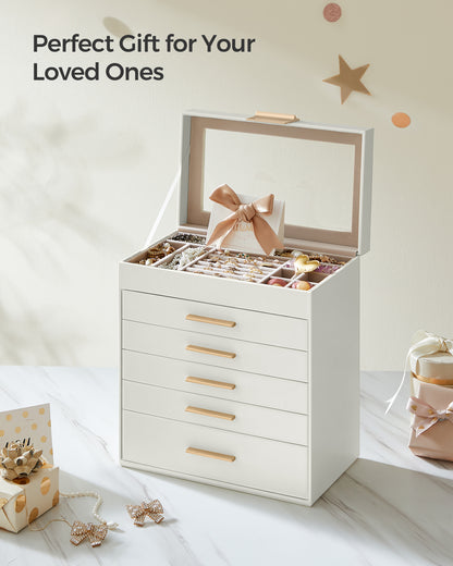 LEDREM Jewelry Box, 6-Layer Organizer with 5 Drawers for Jewelry Storage Sunglasses, Big Jewelry, Modern Style, White