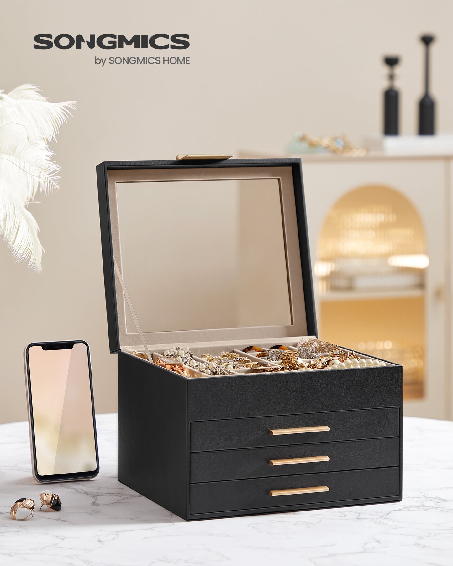 SONGMICS Jewelry Box with Glass Lid, 4-Layer Jewelry Organizer, 3 Drawers, for Big and Small Jewelry, Jewelry Storage, Modern Style, 8 x 9.1 x 6.5 Inches