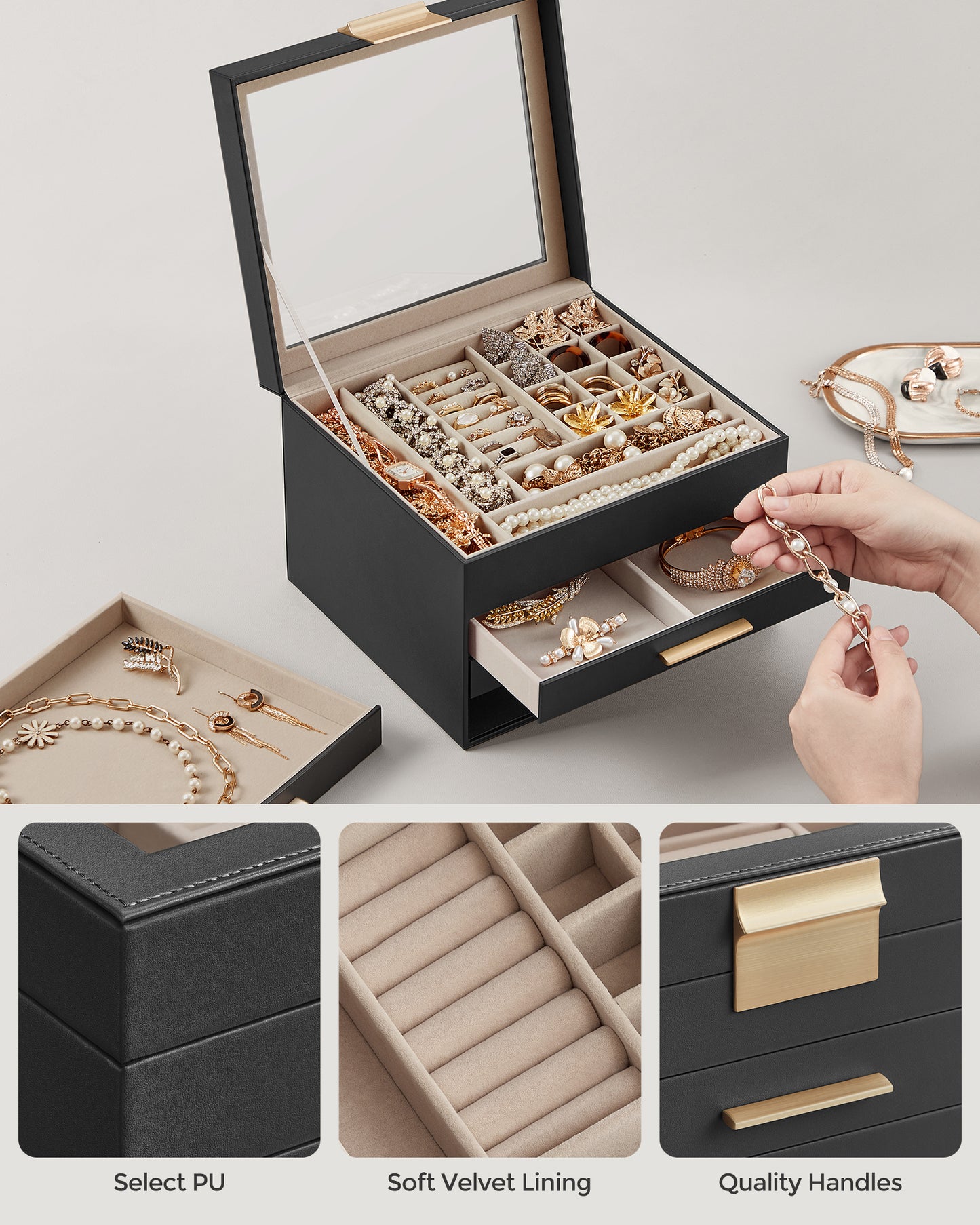 SONGMICS Jewelry Box with Glass Lid, 4-Layer Jewelry Organizer, 3 Drawers, for Big and Small Jewelry, Jewelry Storage, Modern Style, 8 x 9.1 x 6.5 Inches