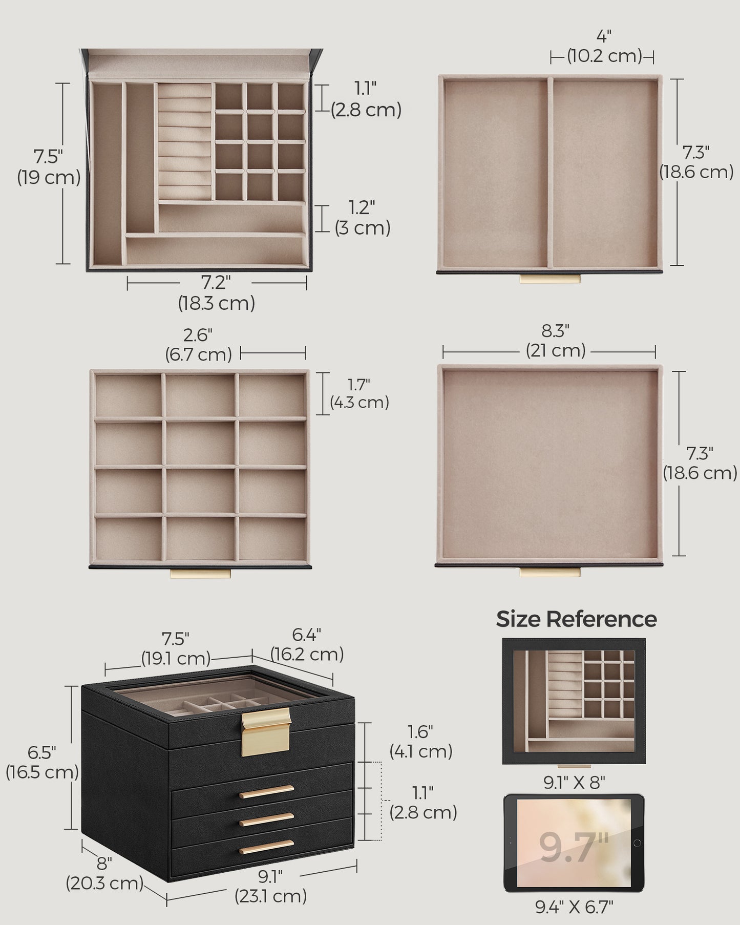 SONGMICS Jewelry Box with Glass Lid, 4-Layer Jewelry Organizer, 3 Drawers, for Big and Small Jewelry, Jewelry Storage, Modern Style, 8 x 9.1 x 6.5 Inches