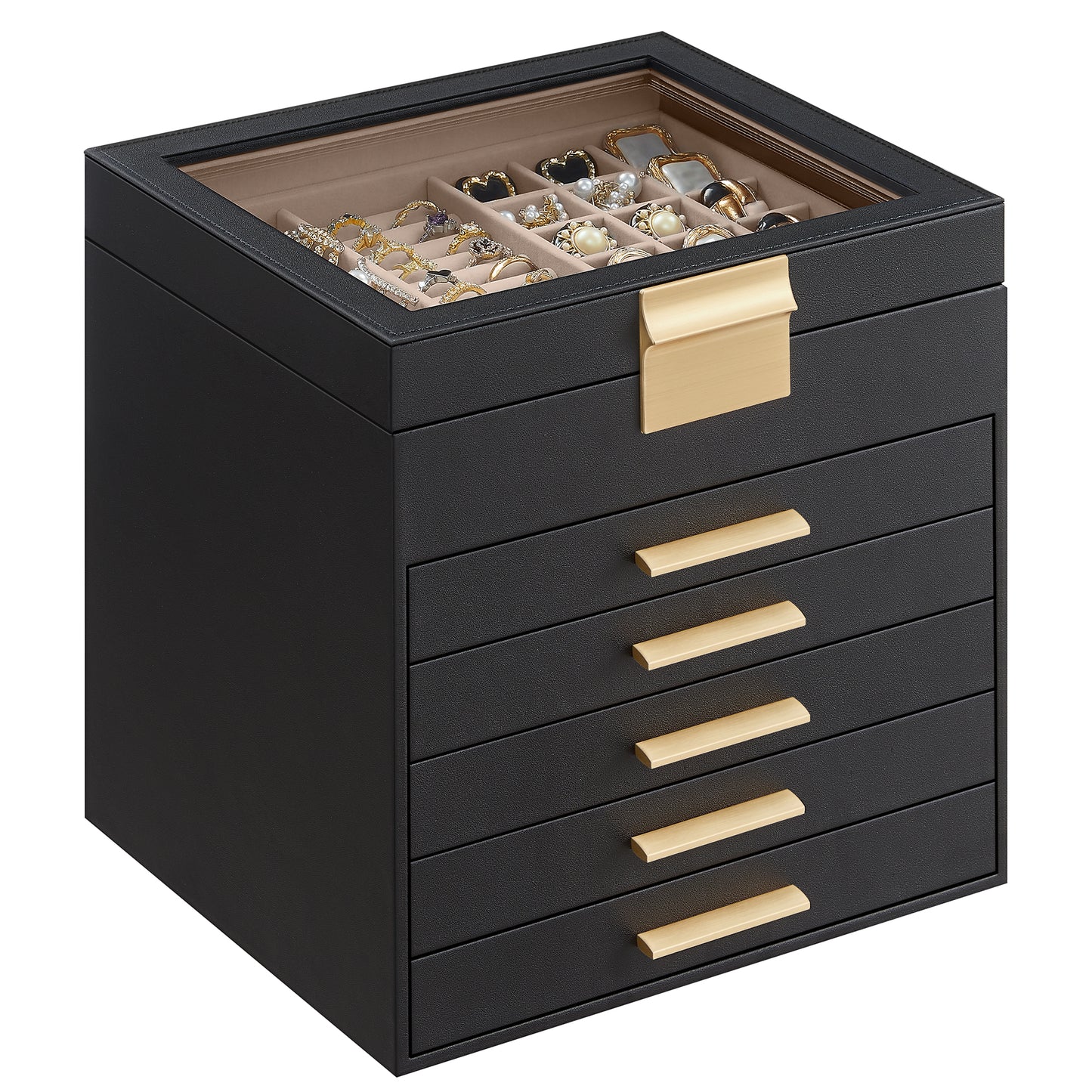 6-Layer Jewelry Box Organizer with Glass Lid, 5-Drawer Velvet Lined Storage for Necklaces Rings Bracelets, Graphite Black and Gold