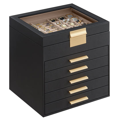 6-Layer Jewelry Box Organizer with Glass Lid, 5-Drawer Velvet Lined Storage for Necklaces Rings Bracelets, Graphite Black and Gold