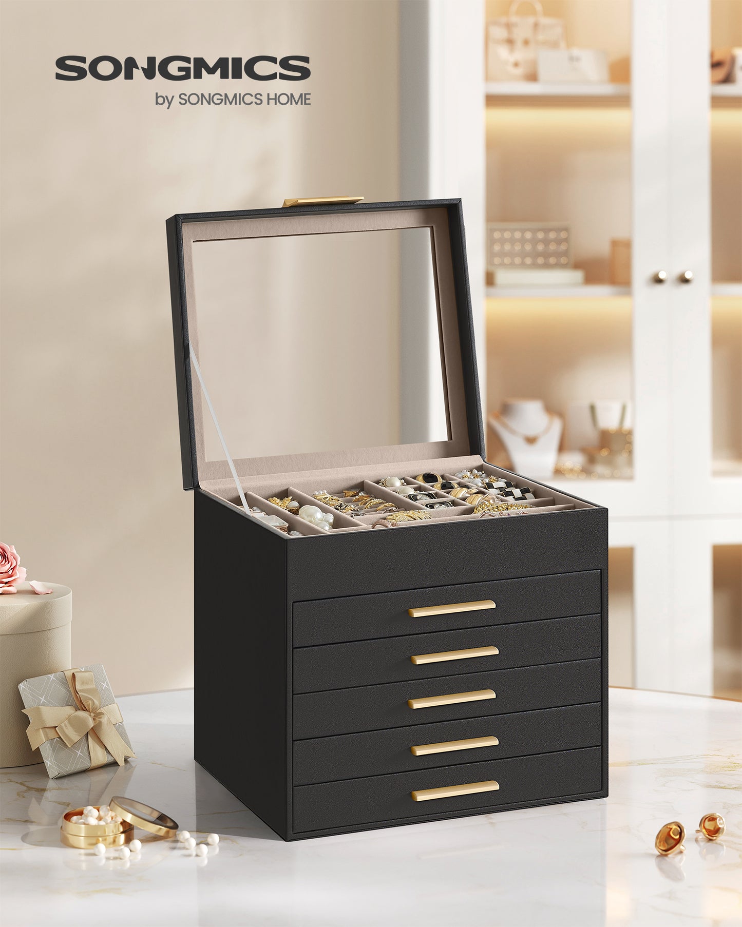 6-Layer Jewelry Box Organizer with Glass Lid, 5-Drawer Velvet Lined Storage for Necklaces Rings Bracelets, Graphite Black and Gold