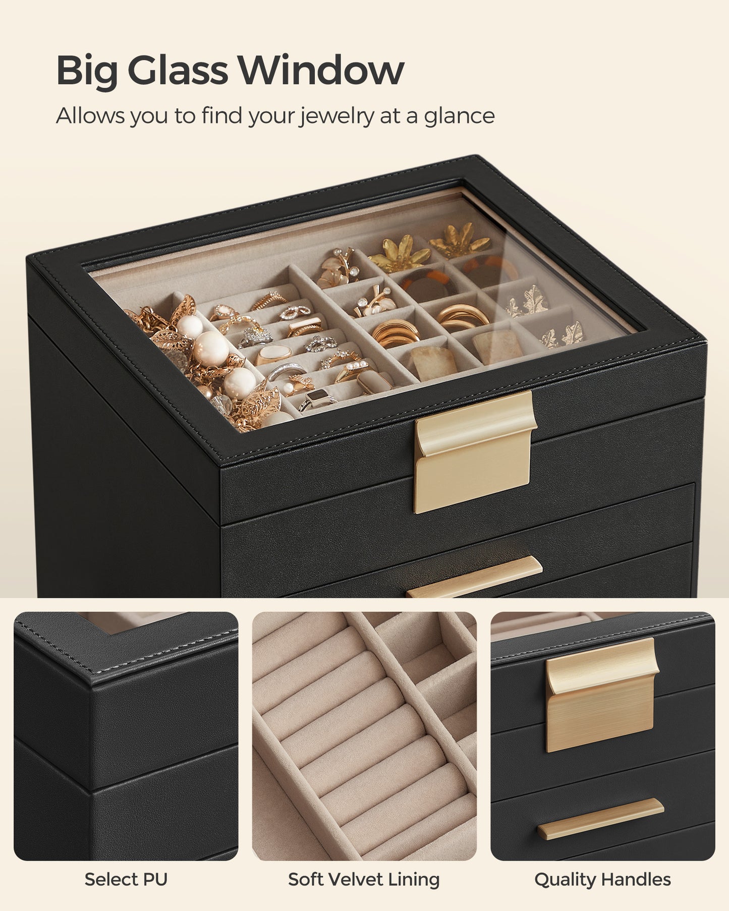 6-Layer Jewelry Box Organizer with Glass Lid, 5-Drawer Velvet Lined Storage for Necklaces Rings Bracelets, Graphite Black and Gold