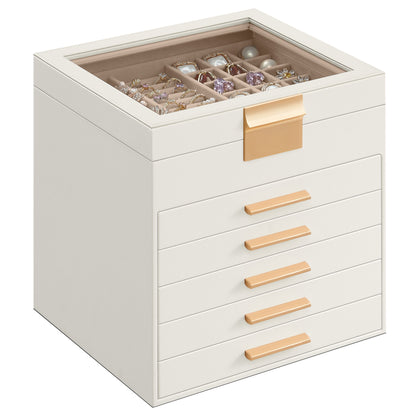 Jewelry Box Organizer with Glass Lid, 6-Layer Jewelry Storage, with 5 Drawers, Modern Style, 8 x 9.1 x 9 Inches, Cloud White and Gold Color