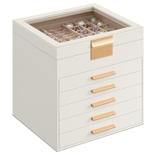 Jewelry Box Organizer with Glass Lid, 6-Layer Jewelry Storage, with 5 Drawers, Modern Style, 8 x 9.1 x 9 Inches, Cloud White and Gold Color