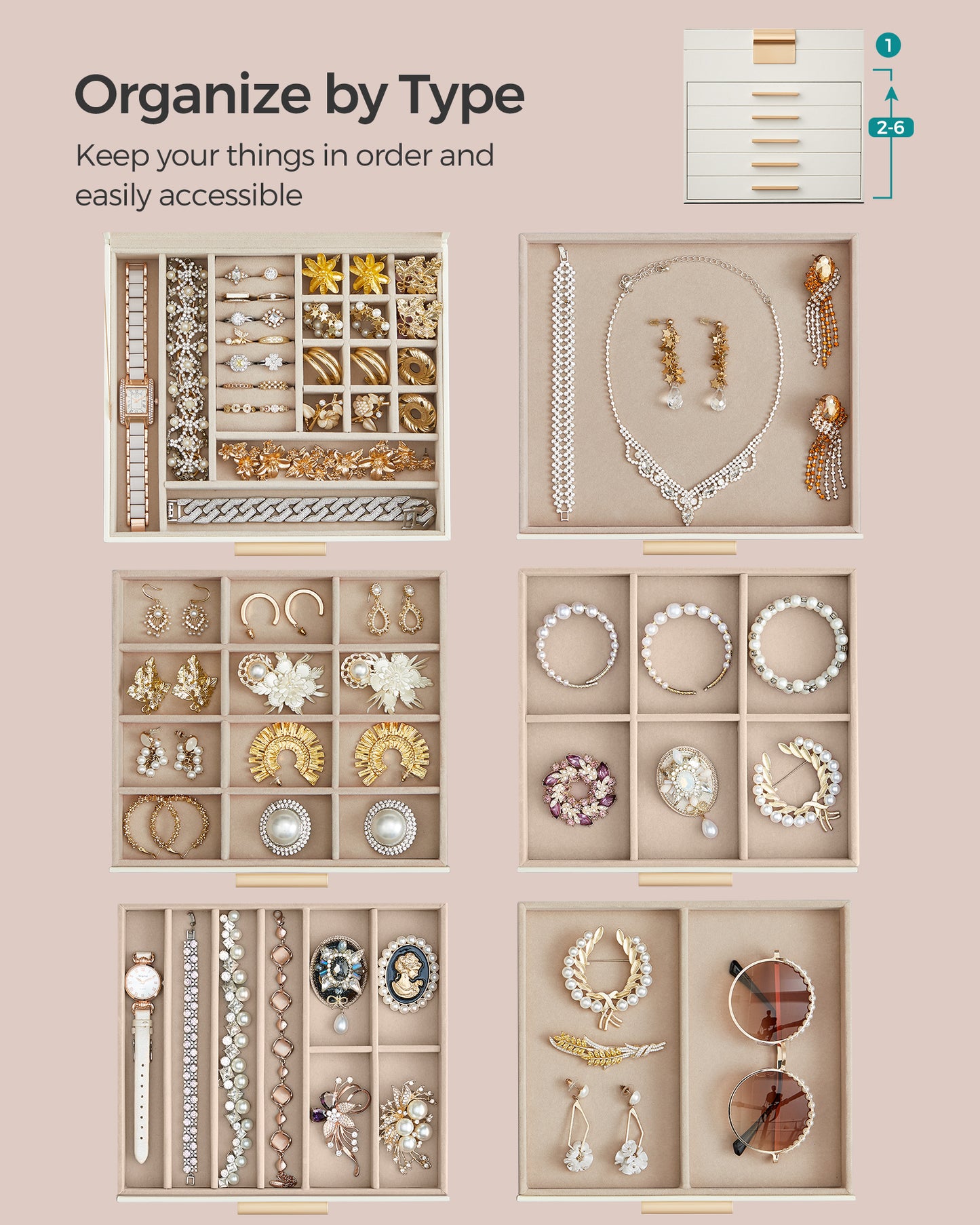 Jewelry Box Organizer with Glass Lid, 6-Layer Jewelry Storage, with 5 Drawers, Modern Style, 8 x 9.1 x 9 Inches, Cloud White and Gold Color