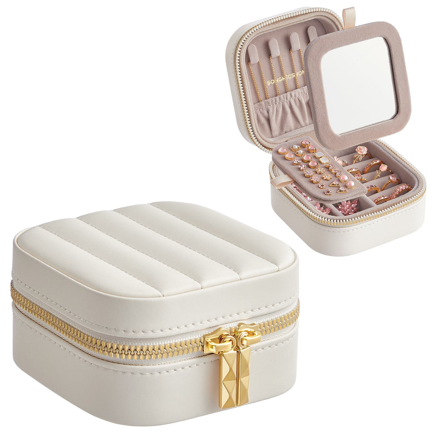 ANAH Travel Jewelry Box, Portable PU Jewelry Case Organizer with Mirror, 4.1 x 4.1 x 2.4 Inches, White