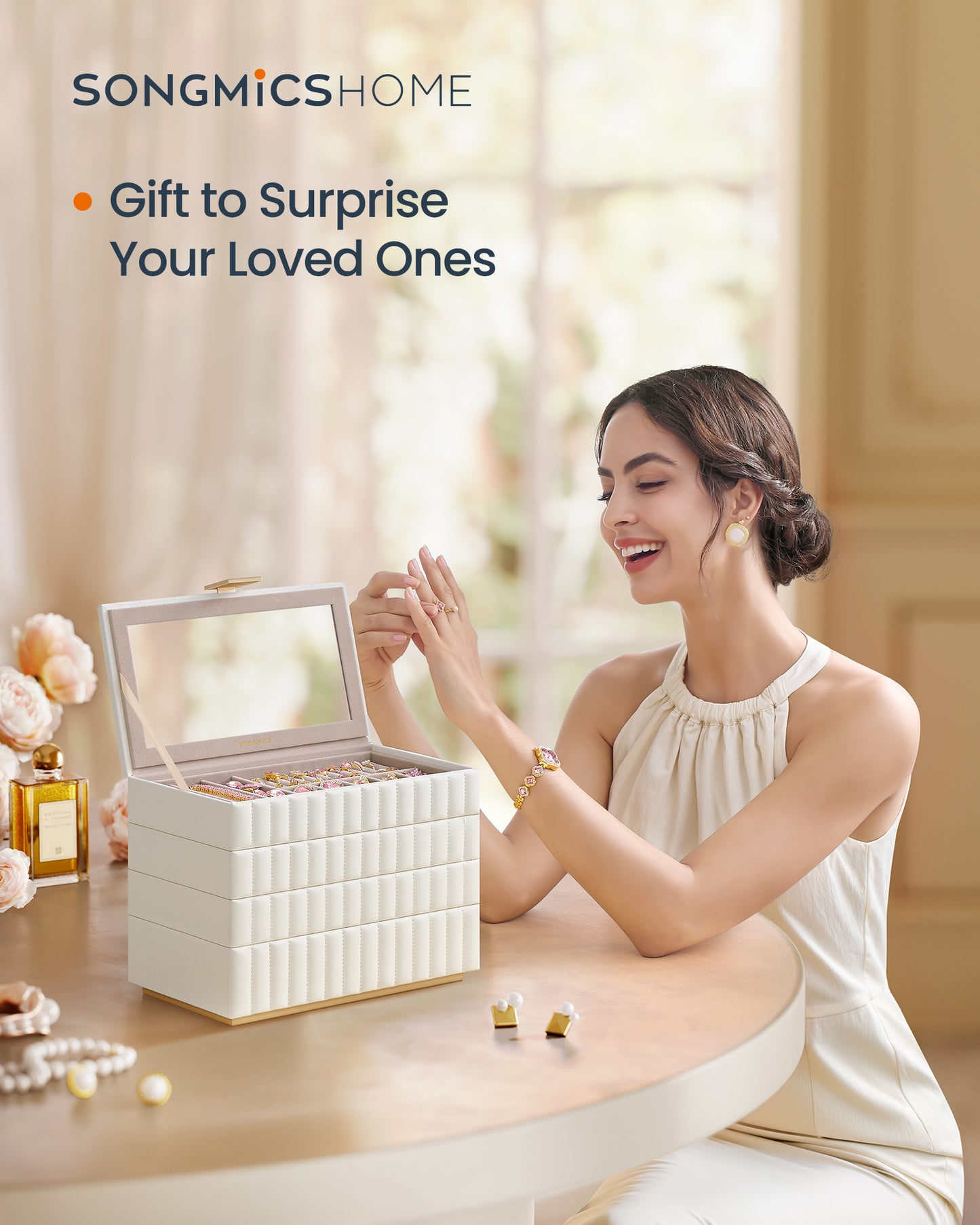 SONGMICS HOME ANAH Collection - Stackable Jewelry Box with Mirror, 4-Tier Jewelry Storage Organizer, PU Surface with Stitching, Cloud White