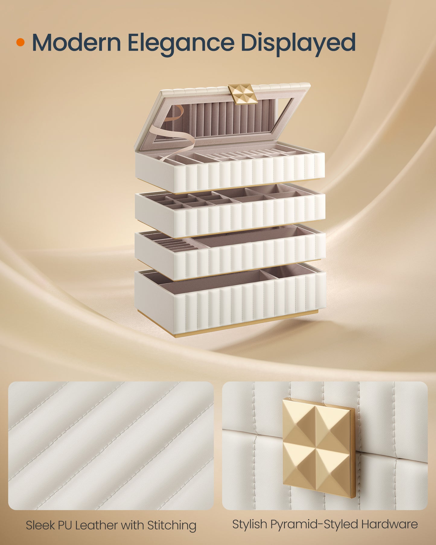 SONGMICS HOME ANAH Collection - Stackable Jewelry Box with Mirror, 4-Tier Jewelry Storage Organizer, PU Surface with Stitching, Cloud White