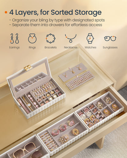 SONGMICS HOME ANAH Collection - Stackable Jewelry Box with Mirror, 4-Tier Jewelry Storage Organizer, PU Surface with Stitching, Cloud White
