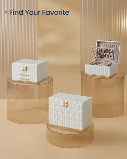 SONGMICS HOME ANAH Collection - Stackable Jewelry Box with Mirror, 4-Tier Jewelry Storage Organizer, PU Surface with Stitching, Cloud White