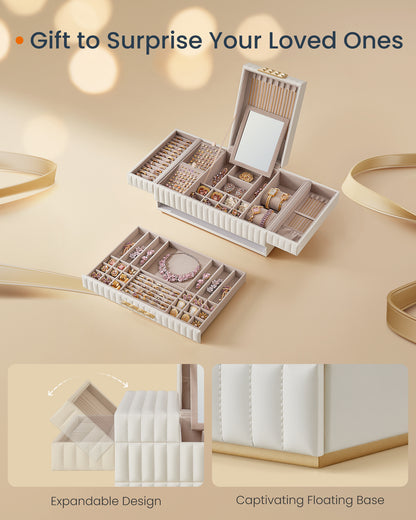 ANAH Jewelry Box with Mirror, Large Capacity Jewelry Organizer with a Drawer, Expandable Top Tray, White
