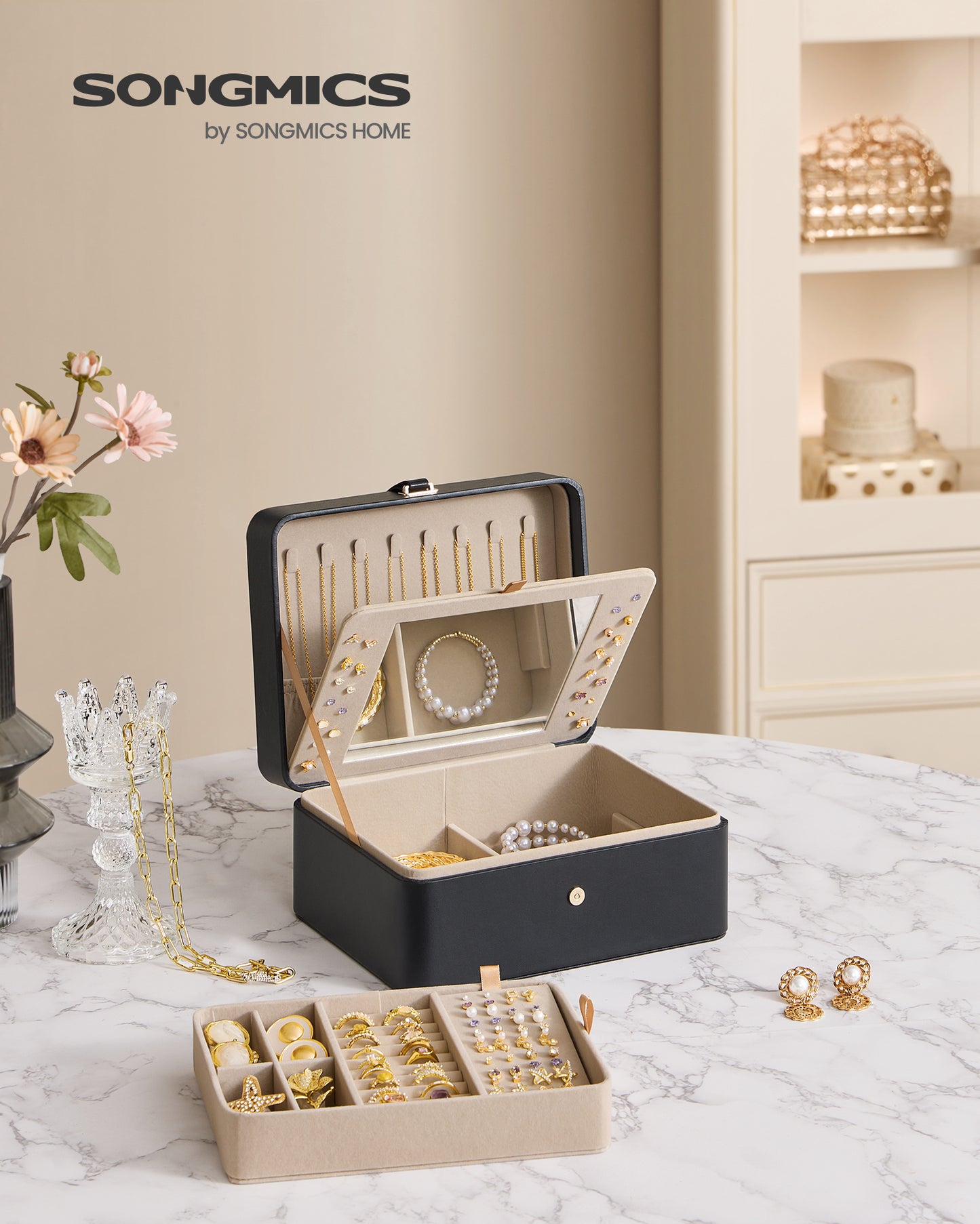 Ink Black Jewelry Box with Mirror - 2 - Layer Organizer, Travel Case. Removable Tray, 6.9 x 8.7 x 4.3 Inches, Ideal for Earring & Necklace Storage