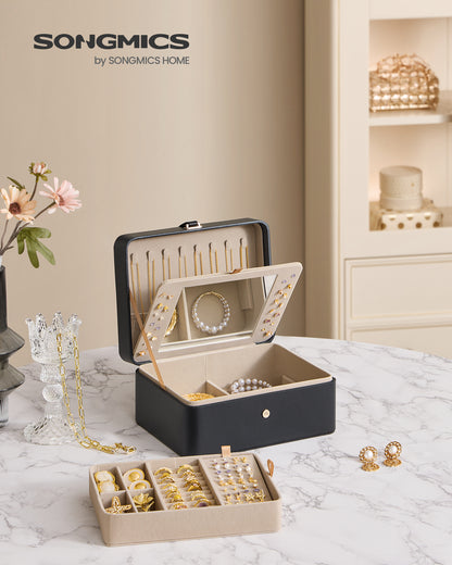 Ink Black Jewelry Box with Mirror - 2 - Layer Organizer, Travel Case. Removable Tray, 6.9 x 8.7 x 4.3 Inches, Ideal for Earring & Necklace Storage