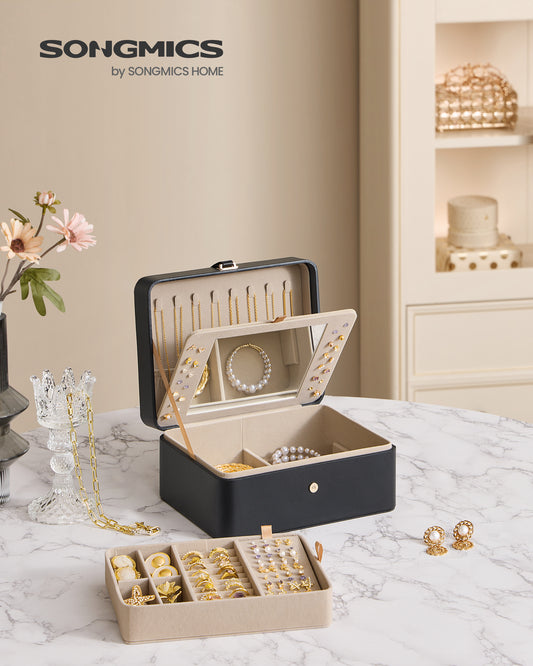 Ink Black Jewelry Box with Mirror - 2 - Layer Organizer, Travel Case. Removable Tray, 6.9 x 8.7 x 4.3 Inches, Ideal for Earring & Necklace Storage