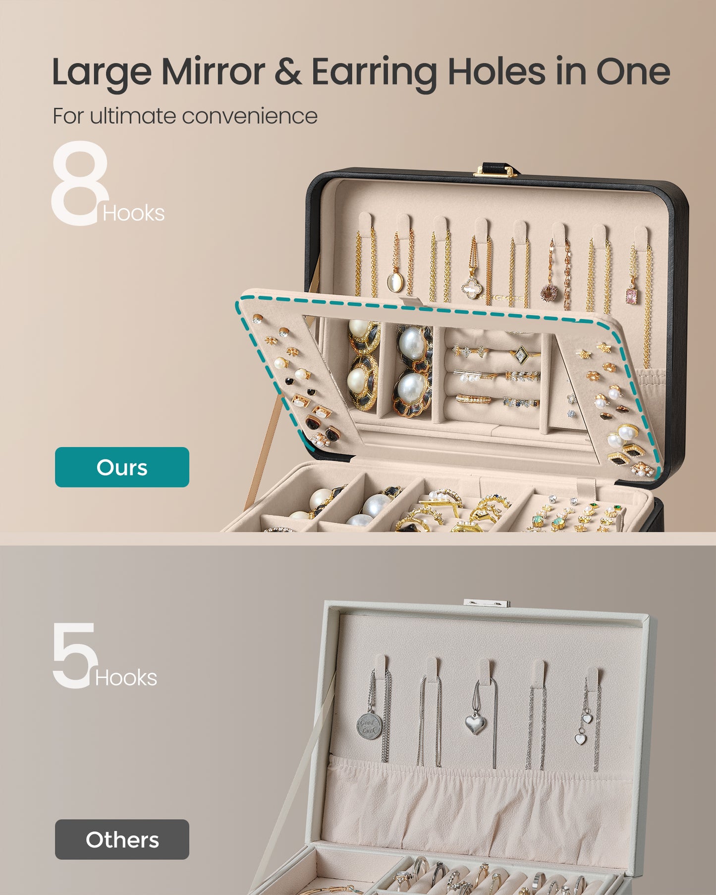 Ink Black Jewelry Box with Mirror - 2 - Layer Organizer, Travel Case. Removable Tray, 6.9 x 8.7 x 4.3 Inches, Ideal for Earring & Necklace Storage