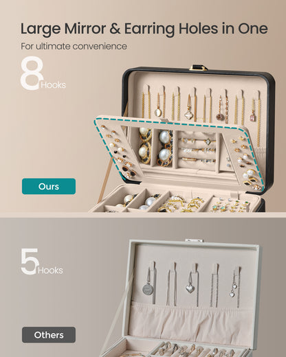 Ink Black Jewelry Box with Mirror - 2 - Layer Organizer, Travel Case. Removable Tray, 6.9 x 8.7 x 4.3 Inches, Ideal for Earring & Necklace Storage