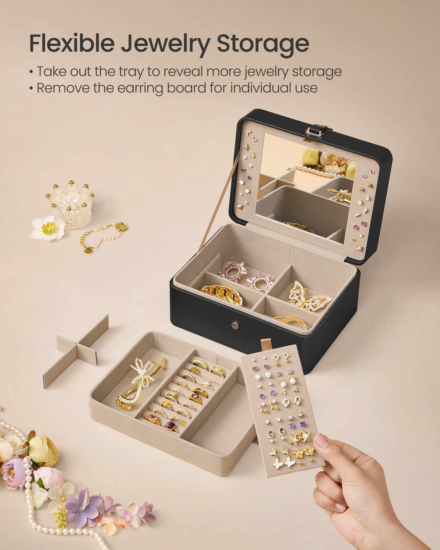Ink Black Jewelry Box with Mirror - 2 - Layer Organizer, Travel Case. Removable Tray, 6.9 x 8.7 x 4.3 Inches, Ideal for Earring & Necklace Storage