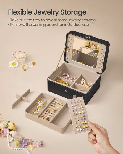Ink Black Jewelry Box with Mirror - 2 - Layer Organizer, Travel Case. Removable Tray, 6.9 x 8.7 x 4.3 Inches, Ideal for Earring & Necklace Storage