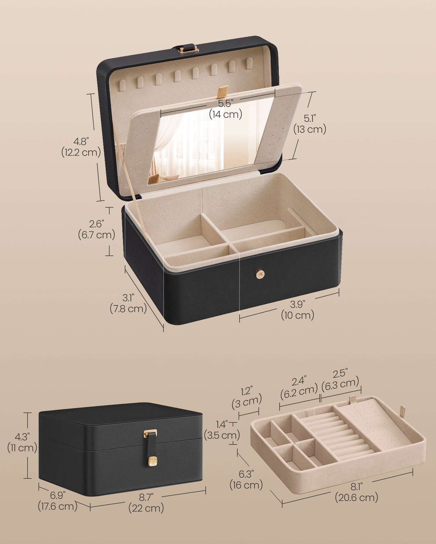 Ink Black Jewelry Box with Mirror - 2 - Layer Organizer, Travel Case. Removable Tray, 6.9 x 8.7 x 4.3 Inches, Ideal for Earring & Necklace Storage