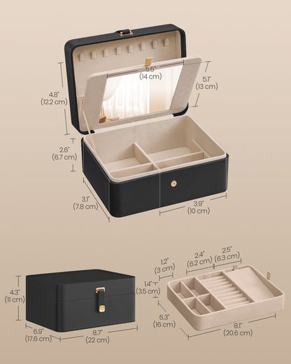 Ink Black Jewelry Box with Mirror - 2 - Layer Organizer, Travel Case. Removable Tray, 6.9 x 8.7 x 4.3 Inches, Ideal for Earring & Necklace Storage