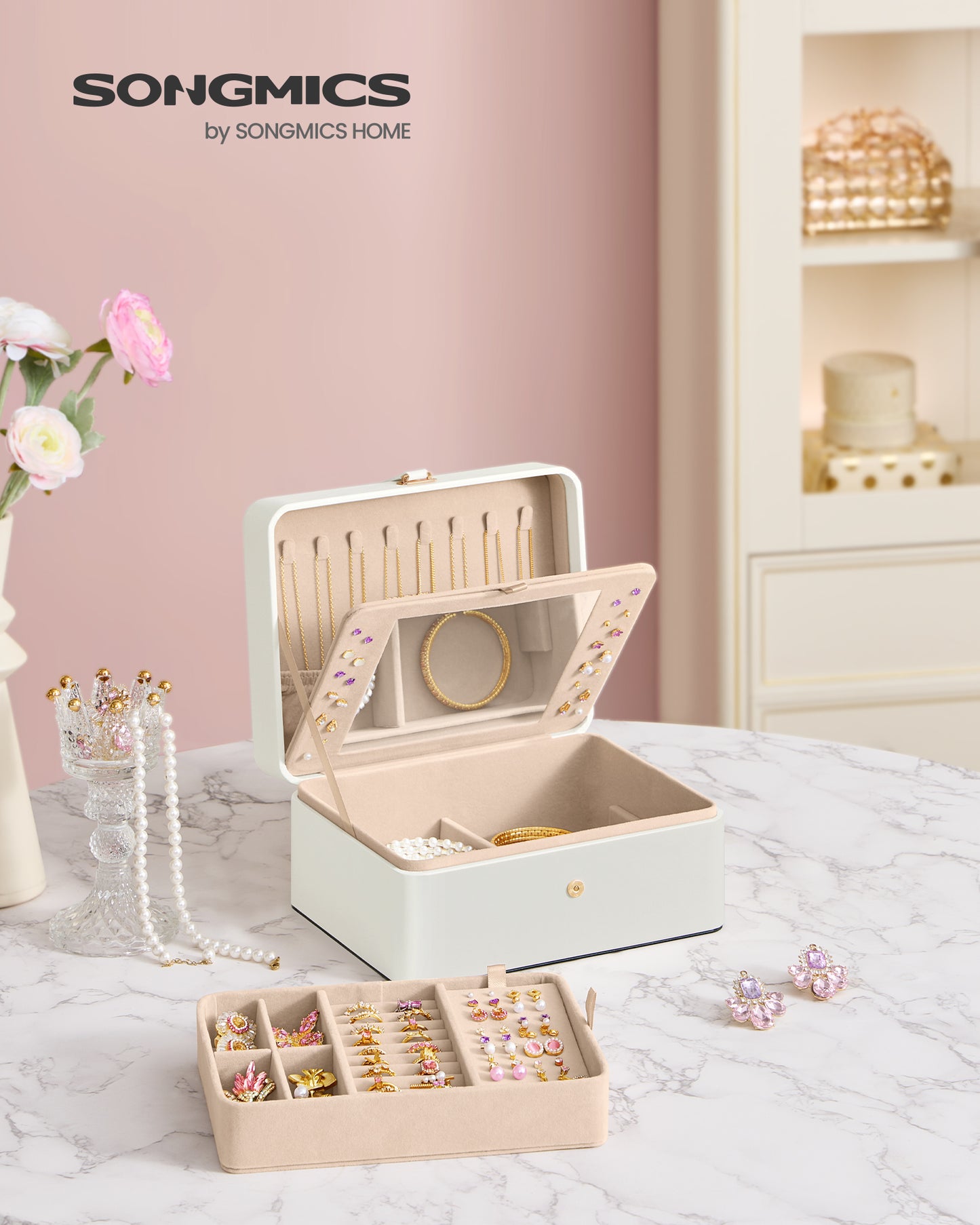 Cloud White Jewelry Box with Mirror - 2 - Layer Organizer, Travel Case. Removable Tray, 6.9 x 8.7 x 4.3 Inches, Ideal for Earring & Necklace Storage