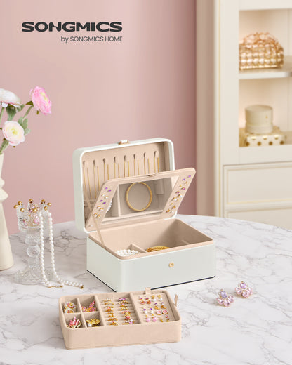 Cloud White Jewelry Box with Mirror - 2 - Layer Organizer, Travel Case. Removable Tray, 6.9 x 8.7 x 4.3 Inches, Ideal for Earring & Necklace Storage