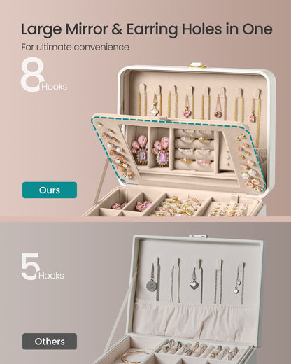 Cloud White Jewelry Box with Mirror - 2 - Layer Organizer, Travel Case. Removable Tray, 6.9 x 8.7 x 4.3 Inches, Ideal for Earring & Necklace Storage