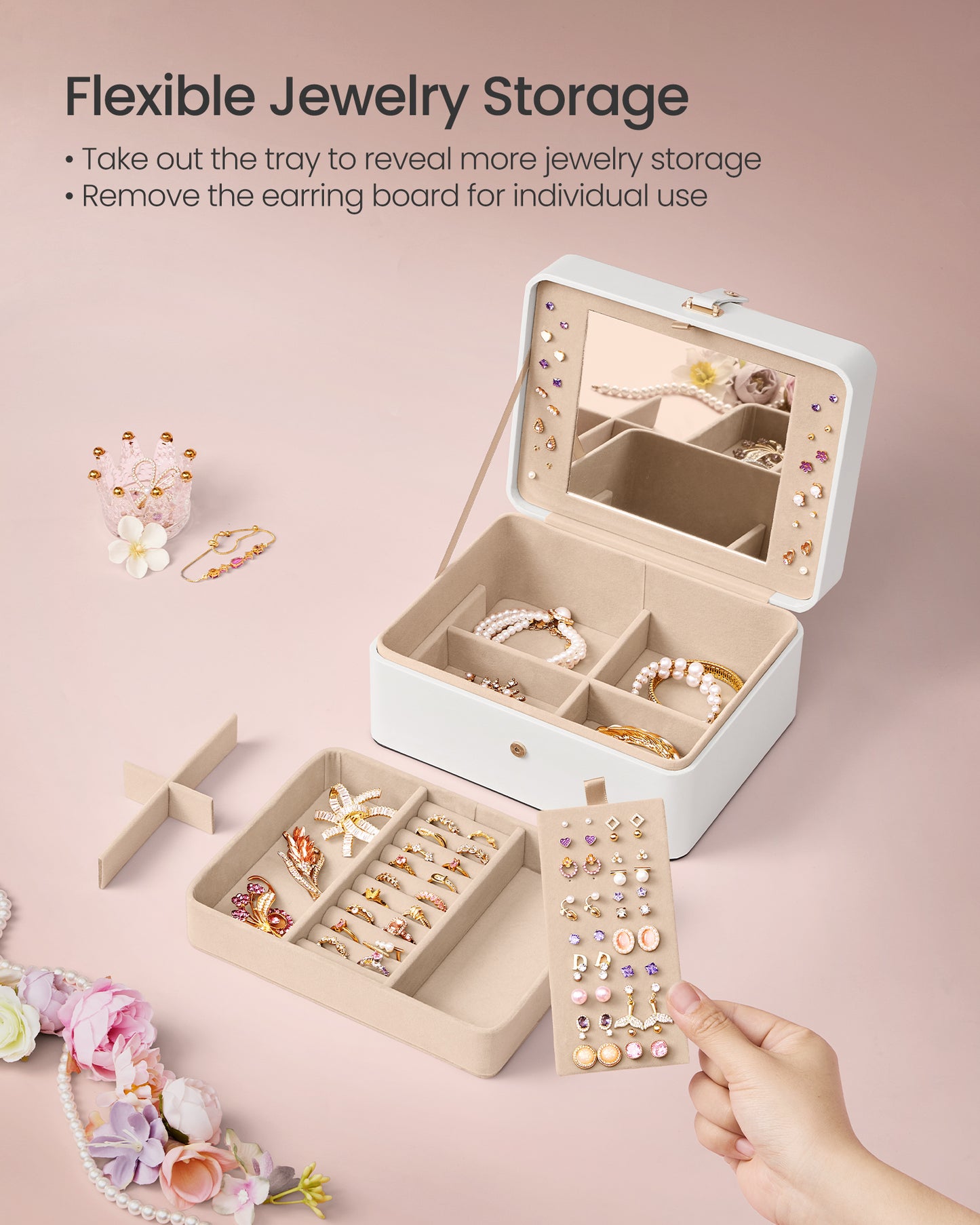 Cloud White Jewelry Box with Mirror - 2 - Layer Organizer, Travel Case. Removable Tray, 6.9 x 8.7 x 4.3 Inches, Ideal for Earring & Necklace Storage