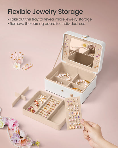 Cloud White Jewelry Box with Mirror - 2 - Layer Organizer, Travel Case. Removable Tray, 6.9 x 8.7 x 4.3 Inches, Ideal for Earring & Necklace Storage
