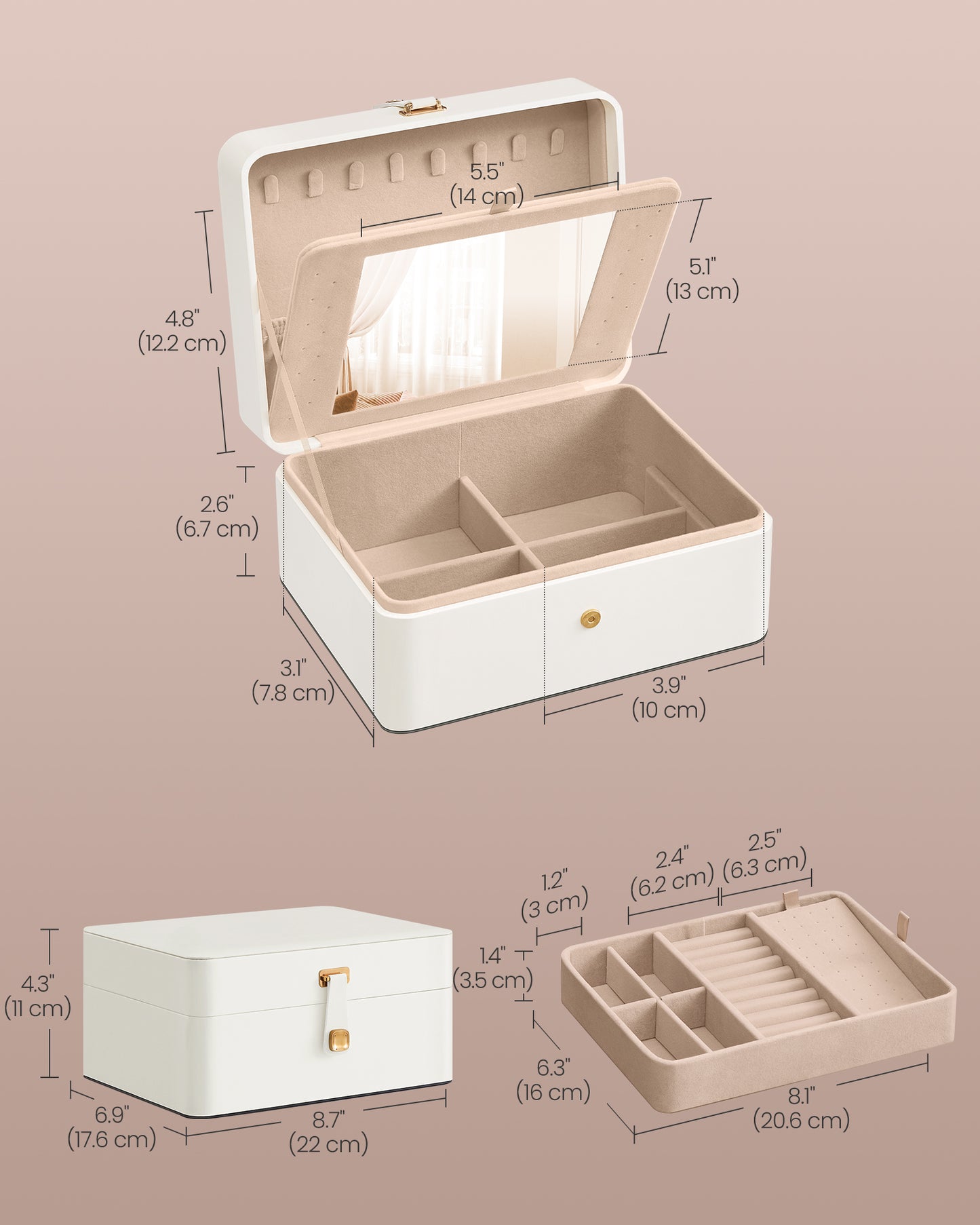 Cloud White Jewelry Box with Mirror - 2 - Layer Organizer, Travel Case. Removable Tray, 6.9 x 8.7 x 4.3 Inches, Ideal for Earring & Necklace Storage