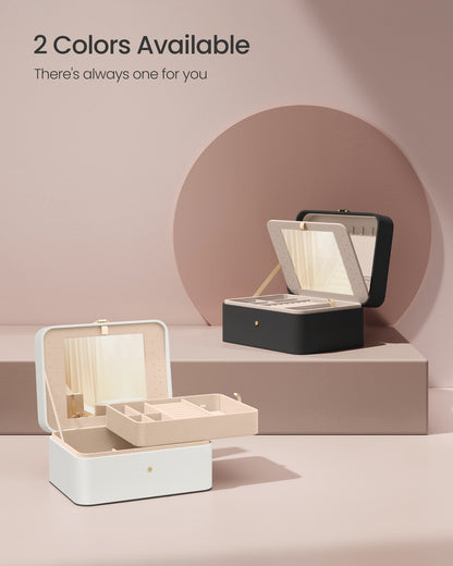 Cloud White Jewelry Box with Mirror - 2 - Layer Organizer, Travel Case. Removable Tray, 6.9 x 8.7 x 4.3 Inches, Ideal for Earring & Necklace Storage