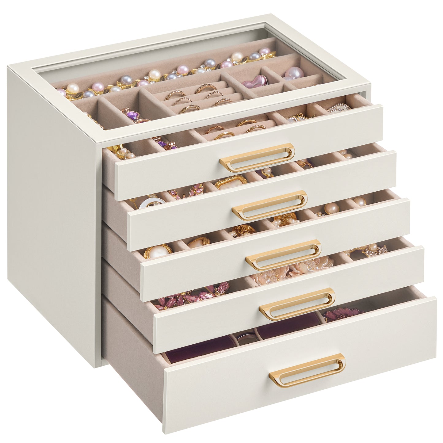 SONGMICS 5-Layer Jewelry Box with Glass Window, Jewelry Organizer with 5 Drawers, Golden Handles, Gift Idea, Light Warm White, 9.4 x 6.8 x 7.2 Inches