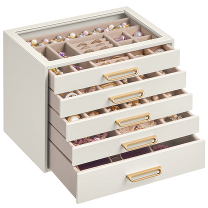 SONGMICS 5-Layer Jewelry Box with Glass Window, Jewelry Organizer with 5 Drawers, Golden Handles, Gift Idea, Light Warm White, 9.4 x 6.8 x 7.2 Inches