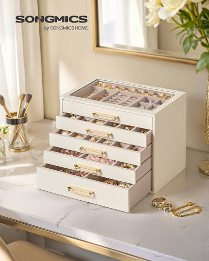 SONGMICS 5-Layer Jewelry Box with Glass Window, Jewelry Organizer with 5 Drawers, Golden Handles, Gift Idea, Light Warm White, 9.4 x 6.8 x 7.2 Inches