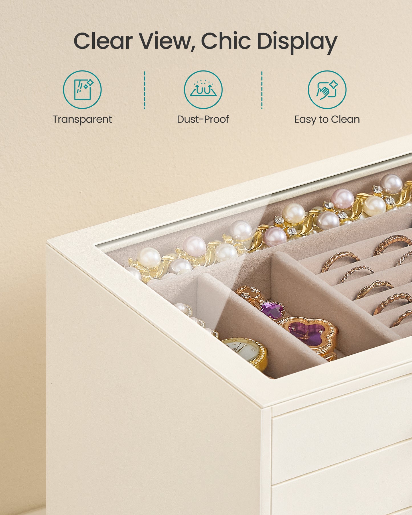 SONGMICS 5-Layer Jewelry Box with Glass Window, Jewelry Organizer with 5 Drawers, Golden Handles, Gift Idea, Light Warm White, 9.4 x 6.8 x 7.2 Inches